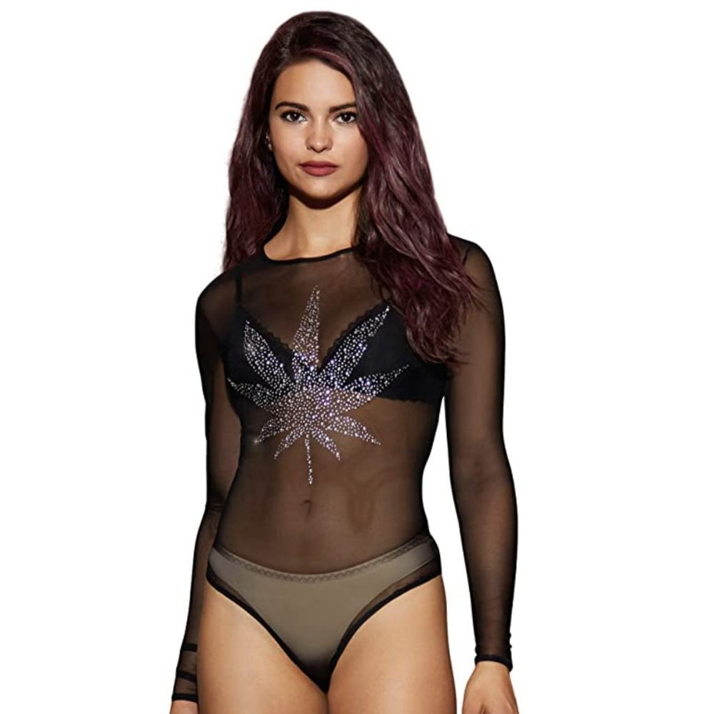 HIGH DEMAND black mesh sparkle pot leaf bodysuit M